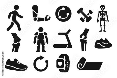 Sports and Biomechanics Icons. Solid style icons of Sports and Biomechanics: walking figure, prosthetic arm, motion tracker,