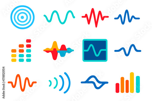 Colorful Soundwave Icons. Flat vector icons of soundwaves: concentric wave circles, sinusoidal wave, jagged waveform, stereo