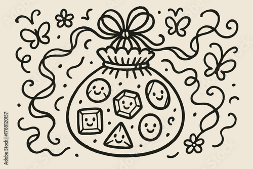 Gemstone Reticule Delight. A doodle illustration of a fancy reticule decorated with happy gems, while playful ribbons and