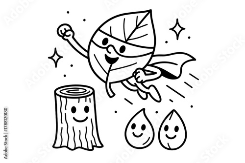 Superhero Leaf Doodle. Funny doodle vector composition of a leaf shaped like a superhero flying above smiling bark and seeds with