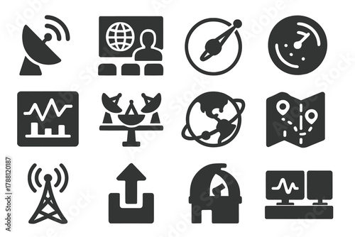 Ground Tracking Icons. Solid style icons of ground tracking: satellite dish, mission control screen, orbital path projection,