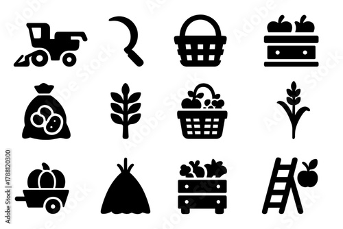 Harvest Icons Collection. Solid style icons of harvesting: combine harvester, sickle, basket, crate of apples, sack of potatoes,