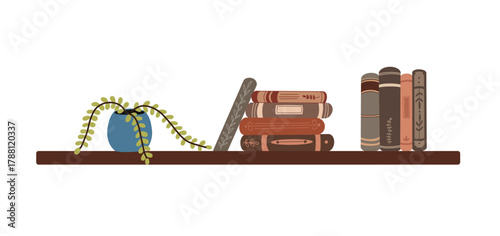 Hand drawn bookshelf illustration with stacked books and a small potted plant, perfect for interior decoration projects, cozy home design, educational concepts, reading promotion and lifestyle visuals