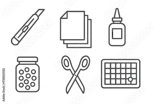 Workshop Supplies Icons. Line style icons of workshop supplies: craft knife, stack of paper, glue bottle, jar of beads, scissors,