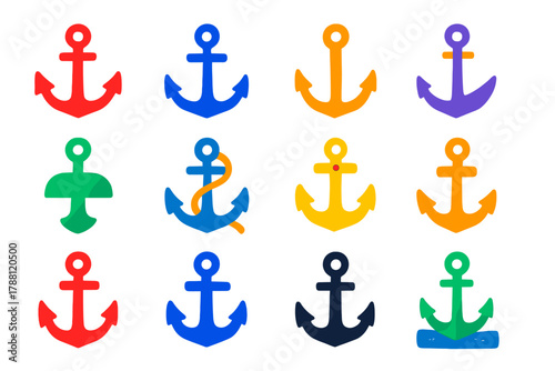 Colorful Anchor Icons. Flat vector icons of anchors: admiralty anchor, stockless anchor, grapnel anchor, plow anchor, mushroom