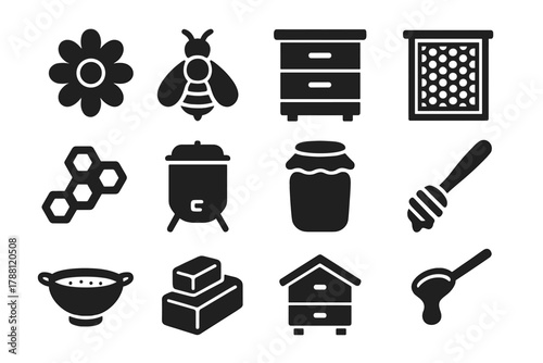 Honey Production Icons. Solid style icons of Honey Production Process: Flower, Bee, Hive, Frame, Comb, Centrifuge, Jar, Spoon,