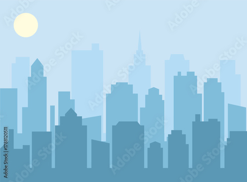 A flat style vector illustration of a daytime city skyline, showcasing modern urban architecture and skyscrapers. Ideal for projects related to cityscapes, urban design, and travel destinations.