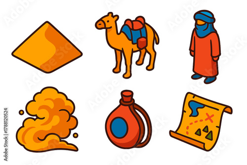 Desert Nomad Icons. Isometric vector illustration set Desert Nomad: Dune, Camel Saddle, Nomad Hat, Sandstorm, Water Skin, Ancient