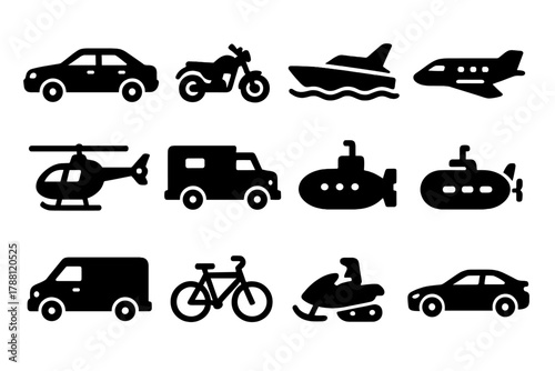 Agent Vehicle Icons. Solid style icons of agent vehicles: black sedan, motorcycle, speedboat, private jet, helicopter, armored