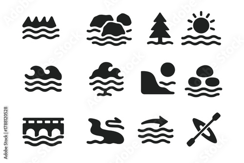 River Elements Icons. Solid style icons of River Elements: Rapids, Rocks, Water, Waves, Tree, Sun, Bridge, Bank, Pebbles, Stream,