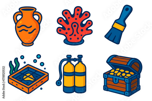 Underwater Archaeology Icons. Isometric vector illustration set Underwater Archaeology: amphora artifact, coral fossil, diving