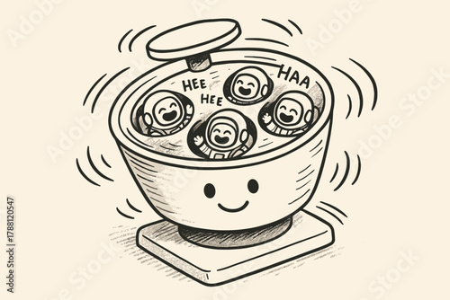 Jolly Astronauts in Centrifuge. Friendly centrifuge spinning with happy motion lines, little doodle astronauts giggling inside