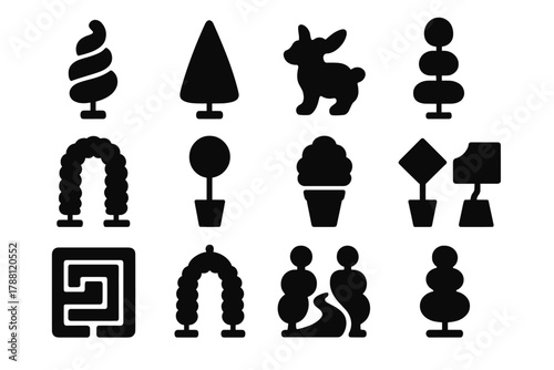 Solid Style Topiary Icons. Solid style icons of topiary: spiral shrub, cone-shaped bush, animal-shaped hedge, tiered tree,