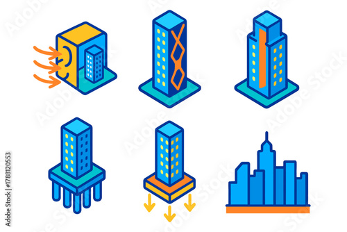 Skyscraper Stability Icons. Isometric vector illustration set Skyscraper Stability: wind tunnel test model, cross-bracing frame,