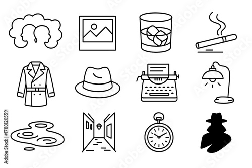 Noir Memory Icons. Line style icons of noir memory: foggy recollection, photograph, whiskey, cigarette smoke; trench coat, fedora