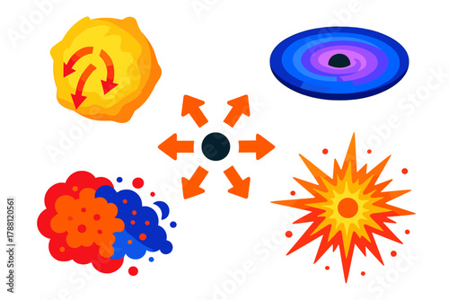 Hypernova Formation Illustration. Isometric vector illustration set Hypernova Origins: collapsing massive star, accretion disk,