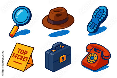 Detective Agency Icons. Isometric vector illustration set Detective Agency: magnifying glass, leather fedora, running footprint,
