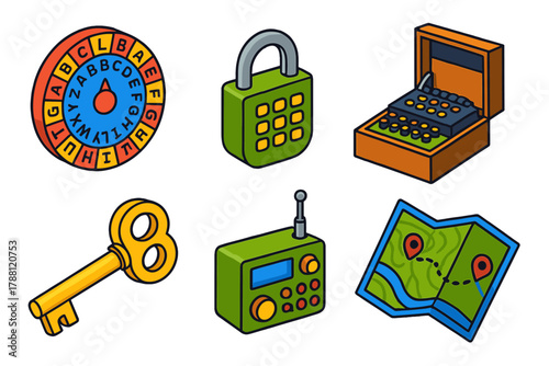 Military Cryptography Icons. Isometric vector illustration set Military Cryptography: cipher disk, secure lock, skeleton key,