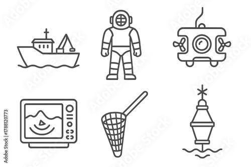 Marine Research Icons. Line style icons of marine biology research: research vessel, diving suit, underwater drone, sonar device,