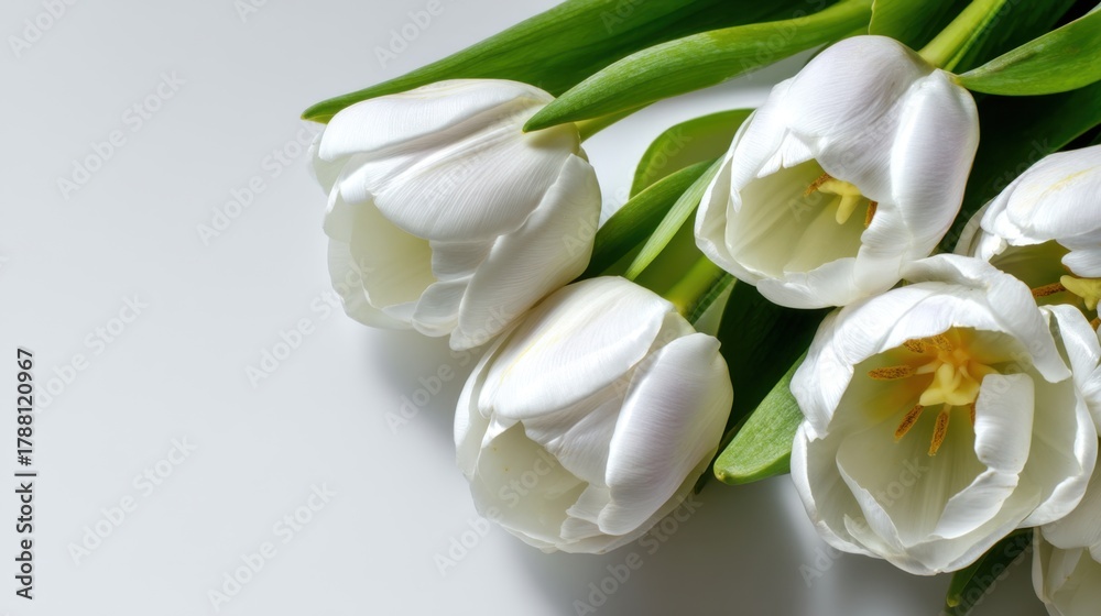 Obraz premium Elegant White Tulips with Fresh Green Leaves on a Light Background Perfect for Celebrations, Weddings, and Floral Arrangements