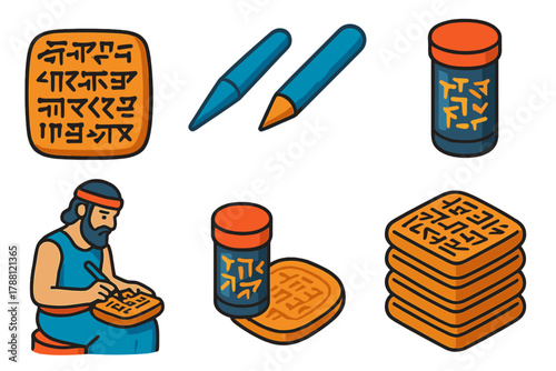 Cuneiform Writing Icons. Isometric vector illustration set Cuneiform Writing: clay tablet, wedge stylus, cylinder seal, ancient