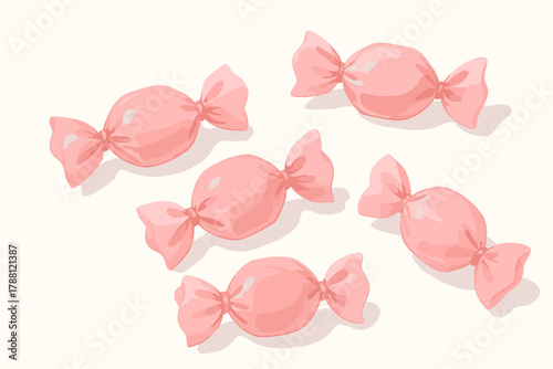 Playful Pink Candies. Pink wrapped candies arranged on a clean white surface, playful and sweet tones, soft natural vector