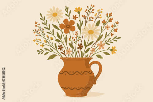 Rustic Wildflower Vase. Artistic ceramic vase filled with fresh wildflowers, vector illustration rustic and charming tones, soft
