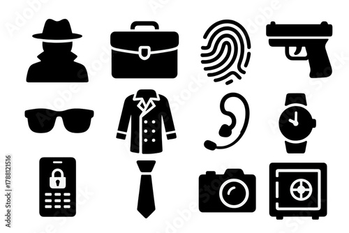 Secret Agent Icons. Solid style icons of secret agent essentials: silhouette, briefcase, fingerprint, pistol, sunglasses, trench