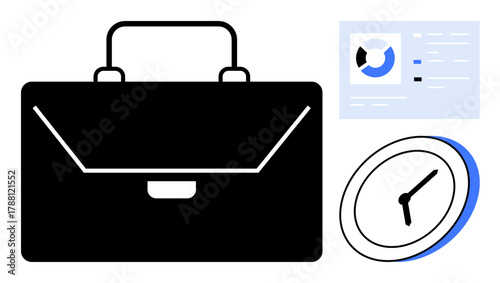 Black briefcase, clock, and pie chart on report interface. Ideal for business, time management, productivity, deadlines, officework organization and planning concepts. Simple flat metaphor
