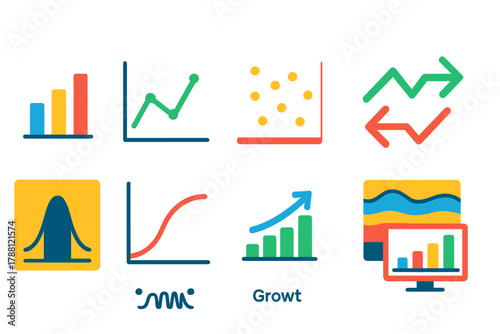 Sclerochronology Data Icons. Flat vector icons of data analysis in sclerochronology: graph chart, line plot, scatter plot, time