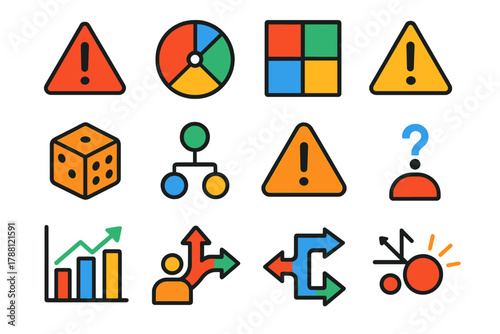 Risk Analysis Icons. Flat vector icons of risk and decision analysis: risk icon, probability wheel, payoff matrix, dice outcome,