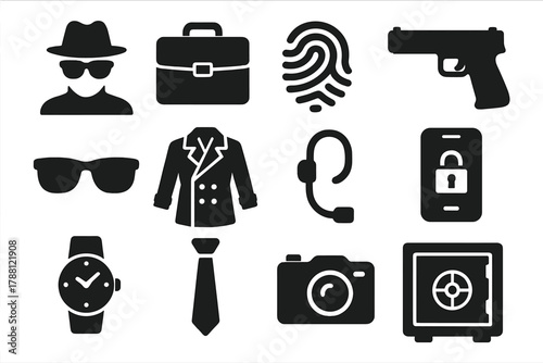 Secret Agent Icons. Solid style icons of secret agent essentials: silhouette, briefcase, fingerprint, pistol, sunglasses, trench
