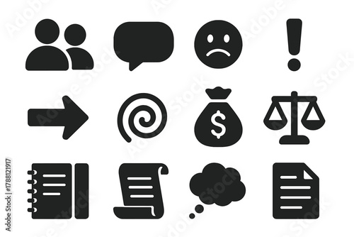 Social Impact Icons. Solid style icons of public perception and social impact: human silhouettes, speech bubble, sad face,