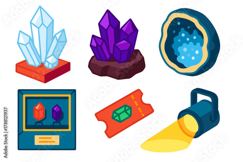 Gem and Mineral Display. Isometric vector illustration set Gem and Mineral Exhibit: large quartz crystal, deep violet amethyst,