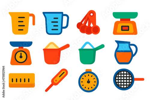 Bold Kitchen Icons. Flat vector icons of measuring tools: measuring cup with handle, glass measuring jug, stack of measuring