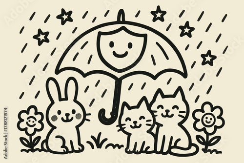 Starry Shield Protection. A doodle of a happy aegis shield acting like an umbrella, protecting smiling animals and flowers from a