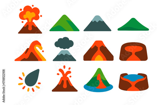 Flat Volcano Icons. Flat vector icons of volcanoes: erupting volcano, dormant volcano, stratovolcano, shield volcano, lava flow,