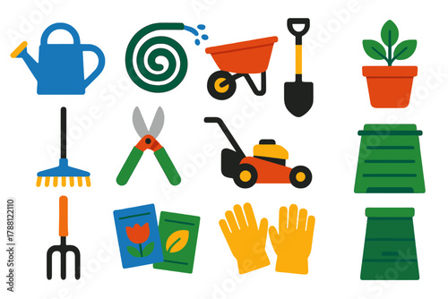 Gardening Tools Icons. Flat vector icons of gardening equipment: watering can, garden hose, wheelbarrow, shovel, rake, pruning