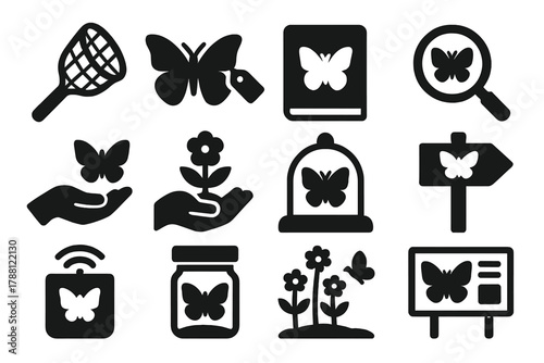 Butterfly Conservation Icons. Solid style icons of butterfly conservation: net, tag, research notebook, magnifying glass, release