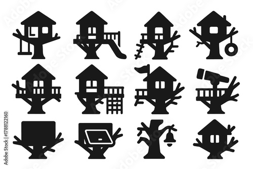 Playful Treehouse Icons. Solid style icons of playful treehouses: swing, slide, rope bridge, tire swing, lookout post, play flag,