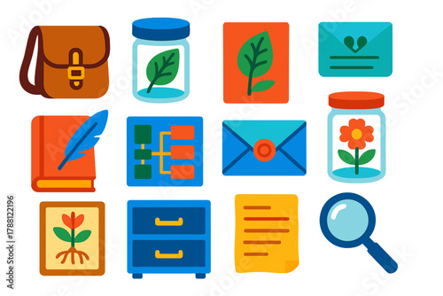 Botanical Discovery Icons. Flat vector icons of Botanical Discovery: explorer satchel, specimen jar, pressed sheet, inked diagram,
