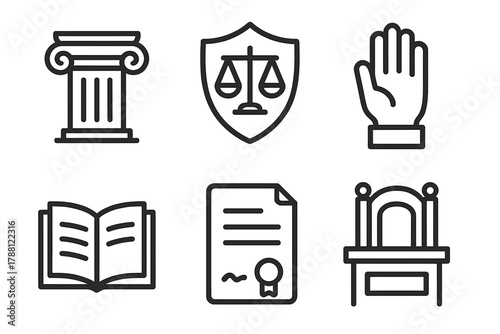 Legal Icons Collection. Line style icons of Legal Standing: courthouse column, shield of law, raised hand oath, open book,