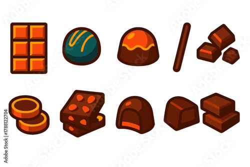 Chocolate Icon Set. Flat vector icons of Chocolate Products: chocolate bar, truffle, bonbon, praline, chocolate pieces, chocolate
