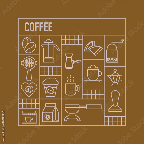Modern linear coffee design. Creative panel and square form ready-made package design.