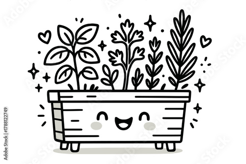 Joyful Herb Planter. Cute doodle vector artwork of a cheerful planter box with grinning herbs sprouting joyfully, decorated with