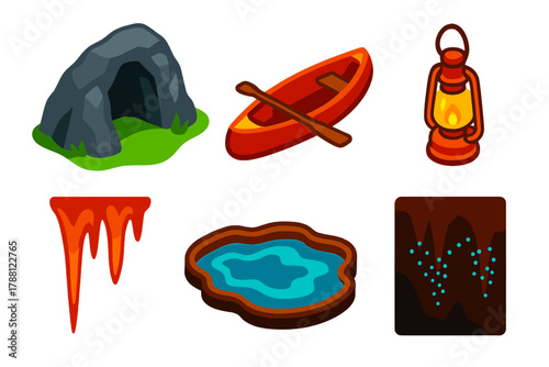 Subterranean River Adventure. Isometric vector illustration set Subterranean River: Cave Entrance, Canoe, Lantern, Underground
