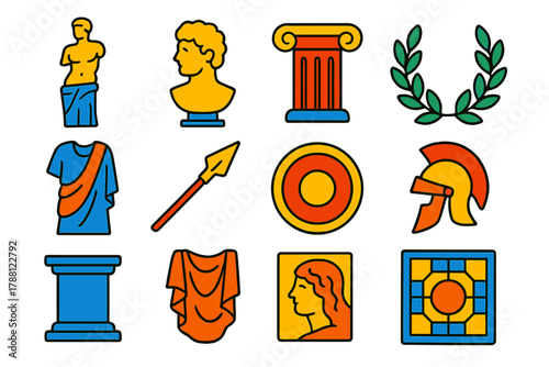 Mythological Sculpture Icons. Flat vector icons of Mythological Sculpture: marble statue, bust, column, laurel wreath, toga, spear