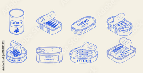 A set of hand-drawn sardine can icons. Monochrome blue ink. Mediterranean fish. Vector.