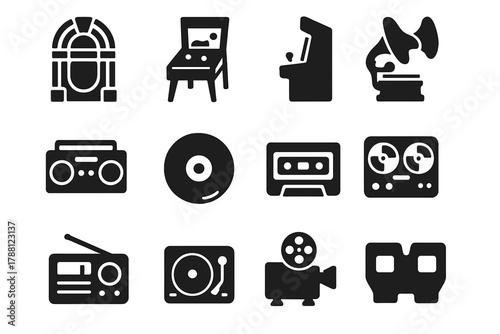 Retro Entertainment Icons. Solid style icons of Retro Entertainment: Jukebox, Pinball Machine, Arcade Cabinet, Gramophone, Boombox