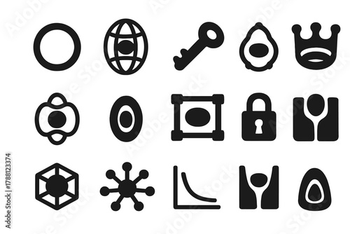Molecular Host-Guest Complexes. Solid style icons of host-guest complexes: macrocyclic ring, guest molecule inside cage, molecular
